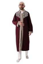 Bordo Hakim Yaka Erkek Namaz Elbisesi Şerit Nakış İşlemeli İmam Cübbesi