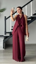 Bordo Kendinden Dokulu Bağlamalı Bluz-Pantolon Takım - Bedenler: S, M