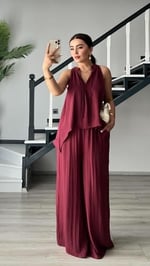 Bordo Kendinden Dokulu Bağlamalı Bluz-Pantolon Takım - Bedenler: S, M