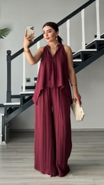 Bordo Kendinden Dokulu Bağlamalı Bluz-Pantolon Takım - Bedenler: S, M