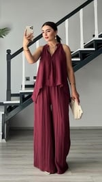Bordo Kendinden Dokulu Bağlamalı Bluz-Pantolon Takım - Bedenler: S, M