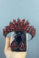 Bordo Sezen Model 3 Boyutlu Kına Gelin Tacı Ve Damla Taşlı Küpe Takımı