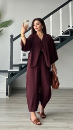 Bordo Tek Düğme Bluz- Pantolon Takım