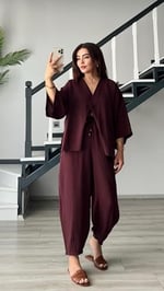 Bordo Tek Düğme Bluz- Pantolon Takım