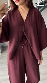Bordo Tek Düğme Bluz- Pantolon Takım