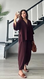 Bordo Tek Düğme Bluz- Pantolon Takım