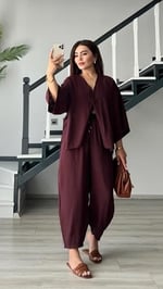 Bordo Tek Düğme Bluz- Pantolon Takım