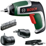 Bosch akülü tornavida IXO (7. nesil; 3,6 V; 2,0 Ah; 5,5 Nm; set açılı ve eksantrik başlık dahil; mikro USB kablosu; 190 vidaya kadar vidalayın; saklama kutusunda