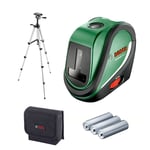 Bosch Home & Garden UniversalLevel 2 - Set Çapraz Çizgi Lazeri (10m Çalışma Alanı, +- 0,5 mm Hassasiyet, 4 sn. Otomatik Nivelman Süresi, 3 x AA Pil, 1,1 mm Alüminyum Sehpa, Çanta)