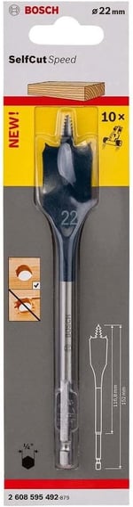 Bosch Professional Self Cut Speed Serisi Ahşap İçin Yaprak Matkap Ucu 22*152 mm - Seçenekler: Ø 6 mm, 8*152 mm, 10*152 Mm, Ø 16 mm, Ø 18 mm, 22*152 mm...