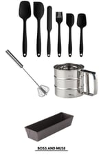 bossandmuse 9 Parça Pasta Şefi Silikon Spatula Seti Kek Kalıbı Un Eleği Basmalı Çırpıcı