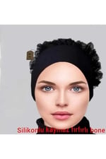 Boyunluk, Bone (SİLİKONLU FIRFIRLI KAYMAZ BONE), Kolluk (ÜÇLÜ SET) siyah Hijab Tesettür