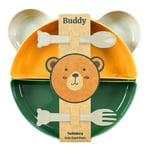 Buddy Mama Tabağı Seti, 1 Ayıcık Tabak 4 Kase Çatal-Kaşık, Bebek ve Çocuklar İçin Yemek Takımı, BPA İçermez, Bej Sarı Yeşil
