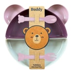 Buddy Mama Tabağı Seti, 1 Ayıcık Tabak 4 Kase Çatal-Kaşık, Bebek ve Çocuklar İçin Yemek Takımı, BPA İçermez, Pembe Mor Bej