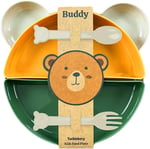 Buddy Mama Tabağı Seti, 1 Ayıcık Tabak 4 Kase Çatal-Kaşık, Bebek ve Çocuklar İçin Yemek Takımı, BPA İçermez, Bej Sarı Yeşil
