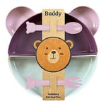 Buddy Mama Tabağı Seti, 1 Ayıcık Tabak 4 Kase Çatal-Kaşık, Bebek ve Çocuklar İçin Yemek Takımı, BPA İçermez, Pembe Mor Bej