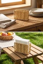 BUFFER Dekoratif Dikdörtgen Peçetelik, Doğal Hasır Dokulu Plastik Rattan, Masaüstü Peçete Standı, 15x9x5.5 cm