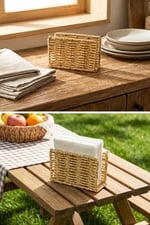 BUFFER Dekoratif Dikdörtgen Peçetelik, Doğal Hasır Dokulu Plastik Rattan, Masaüstü Peçete Standı, 15x9x5.5 cm