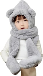 Bundera Babykid Çocuk Kapşonlu Peluş Bere Atkı Eldiven Welsoft Boyunluk Rüzgar Geçirmez Kulaklı Şapka - Seçenekler: 3-6 Yıl, 7-10 Yıl, Tek Beden