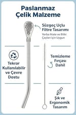 Busstier Süzgeç Uçlu Metal Pipet Seti, Filtreli Kaşık Pipet, Temizleme Fırçası Dahil, Kokteyl Sunum Bitki Çayı ve Yerba Mate (Bombilla) için Tekrar Kullanılabilir Şık Tasarım