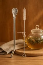 Busstier Süzgeç Uçlu Metal Pipet Seti, Filtreli Kaşık Pipet, Temizleme Fırçası Dahil, Kokteyl Sunum Bitki Çayı ve Yerba Mate (Bombilla) için Tekrar Kullanılabilir Şık Tasarım