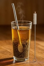 Busstier Süzgeç Uçlu Metal Pipet Seti, Filtreli Kaşık Pipet, Temizleme Fırçası Dahil, Kokteyl Sunum Bitki Çayı ve Yerba Mate (Bombilla) için Tekrar Kullanılabilir Şık Tasarım