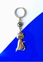 Büyülü Kedi Nazar Boncuklu Metal Anahtarlık Hediyelik Süs Eşyası Araba Çanta Aksesuarı 13cmx3cm