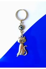 Büyülü Kedi Nazar Boncuklu Metal Anahtarlık Hediyelik Süs Eşyası Araba Çanta Aksesuarı 13cmx3cm