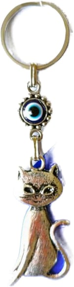 Büyülü Kedi Nazar Boncuklu Metal Anahtarlık Hediyelik Süs Eşyası Araba Çanta Aksesuarı 13cmx3cm