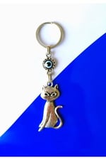 Büyülü Kedi Nazar Boncuklu Metal Anahtarlık Hediyelik Süs Eşyası Araba Çanta Aksesuarı 13cmx3cm
