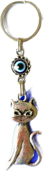 Büyülü Kedi Nazar Boncuklu Metal Anahtarlık Hediyelik Süs Eşyası Araba Çanta Aksesuarı 13cmx3cm