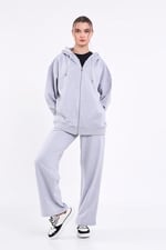 BY COMEOR Kadın Gri Normal Kalıp Basic Beli Lastikli Kapüşonlu Oversize Mevsimlik Alt Üst Eşofman Takımı CMRE7367