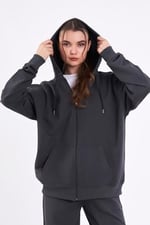 BY COMEOR Kadın Normal Kalıp Basic Beli Lastikli Kapüşonlu Oversize Mevsimlik Alt Üst Eşofman Takımı