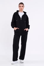 BY COMEOR Siyah Kanguru Cepli Kapüşonlu Fermuarlı Oversize Kadın Sweatshirt Siyah XL XL