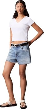 Calvin Klein A- SS WOVEN LABEL RIB VNECK TEE Tişört Kadın