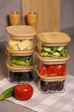 Cam Saklama Kabı, Bambu Kapaklı, 6'lı Set