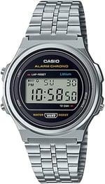 Casio A171WE-1A Standard Vintage Saat, Unisex, Klasik, Kuvars, Dijital, Metal, Gümüş, Siyah, Bilezik Tipi