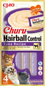 Churu Hairball Kontrolü - Saç toplarını önlemek için kedi atıştırmalıkları, sağlıklı sindirimi teşvik eder, ton balığı (4 adet x 14 g)