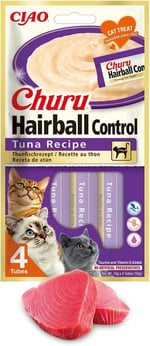 Churu Hairball Kontrolü - Saç toplarını önlemek için kedi atıştırmalıkları, sağlıklı sindirimi teşvik eder, ton balığı (4 adet x 14 g)