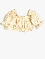 Çiçekli Crop Bluz Fırfır Detaylı Pamuklu