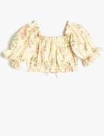 Çiçekli Crop Bluz Fırfır Detaylı Pamuklu