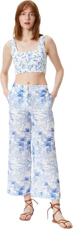 Çiçekli Culotte Pantolon Bol Paça Cepli Normal Bel