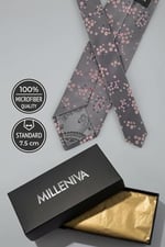 Çiçekli Gri Pembe Kravat & Mendil