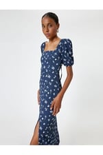 Çiçekli Midi Elbise Bodycon Kare Yaka Balon Kol Yırtmaç Detaylı Bürümcük