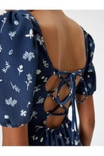 Çiçekli Midi Elbise Bodycon Kare Yaka Balon Kol Yırtmaç Detaylı Bürümcük