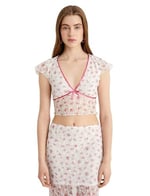 Çiçekli Tül Dantel Bluz Crop Fiyonk Detaylı Fırfırlı V Yaka Slim Fit