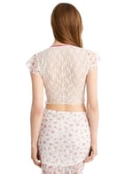 Çiçekli Tül Dantel Bluz Crop Fiyonk Detaylı Fırfırlı V Yaka Slim Fit