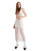 Çiçekli Tül Dantel Bluz Crop Fiyonk Detaylı Fırfırlı V Yaka Slim Fit