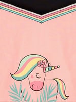Çiçekli Unicorn Kız Çocuk Somon Siyah Elbise