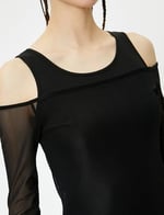 Çift Kumaş Kullanımlı Tül Tişört Uzun Kollu Slim Fit